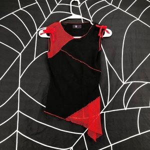 morbid threads red fishnet patchwork top